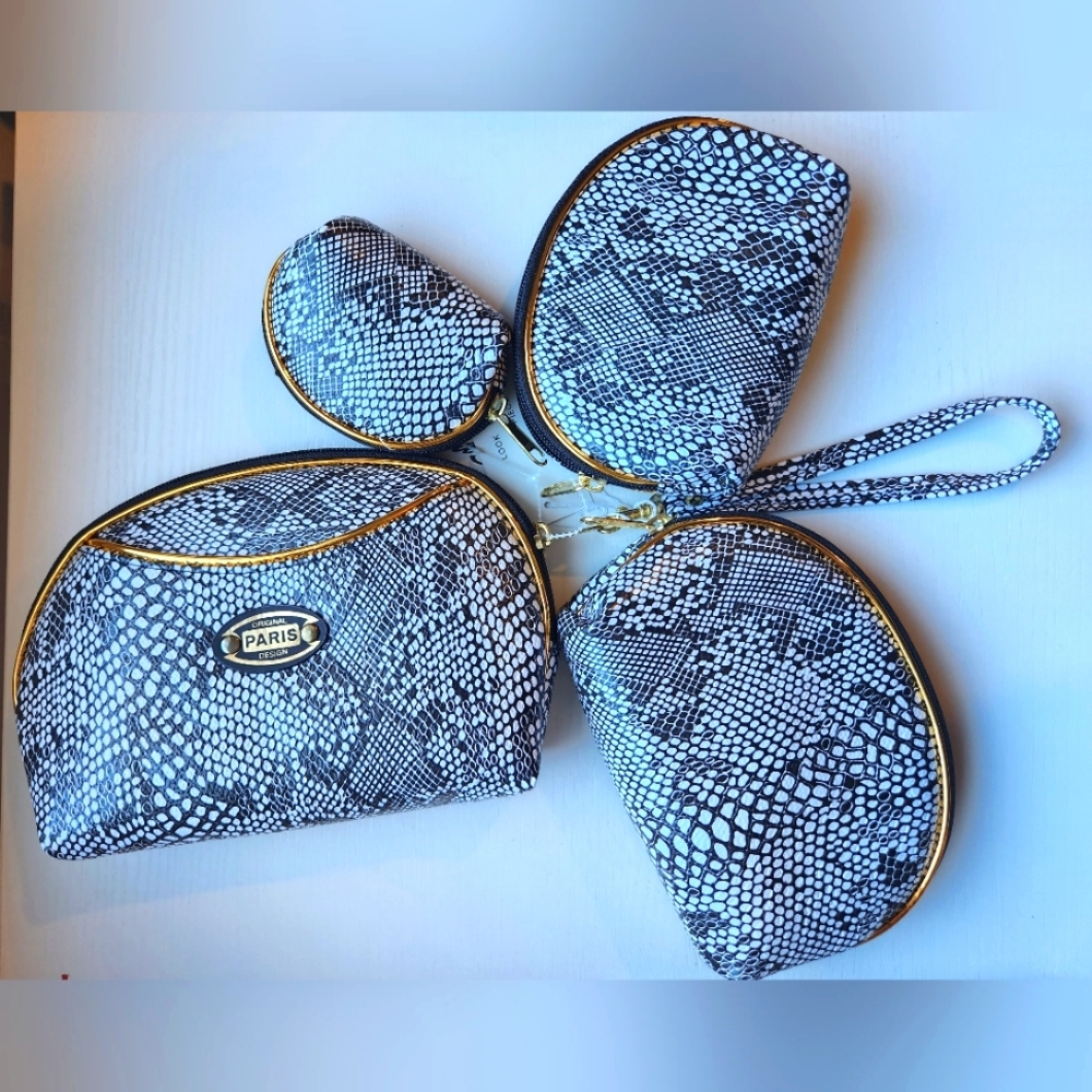 Cosmetic Bag Set Faux Snake Skin with Gold Accent